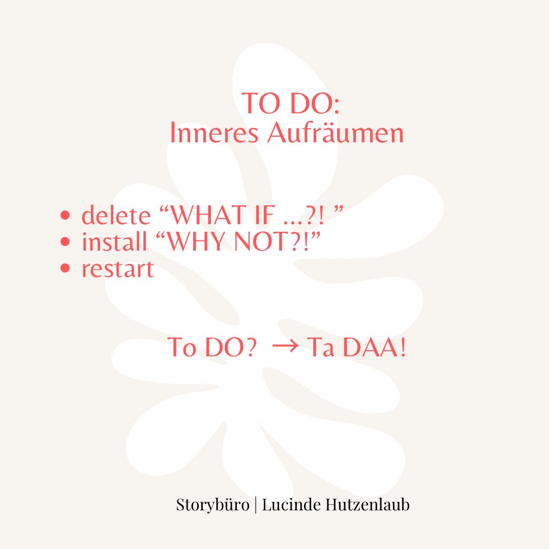 Manchmal braucht es keine neue Strategie. Nur ein kleines Update im Kopf. Klingt einfach? Das ist es auf keinen Fall. Aber einen Versuch ist es wert. Denn was, wenn’s gut wird? ◡̈ Happy DONNERSTAG, ihr Lieben - schreib mir gern: 

Welche Frage hält dich gerade mehr auf: “Was wäre, wenn es schiefgeht?” oder “Warum eigentlich nicht?” 💛

* #MindsetShift
* #WhyNot
* #Persönlichkeitsentwicklung
* #StoryBüro
* #LucindeSchreibt