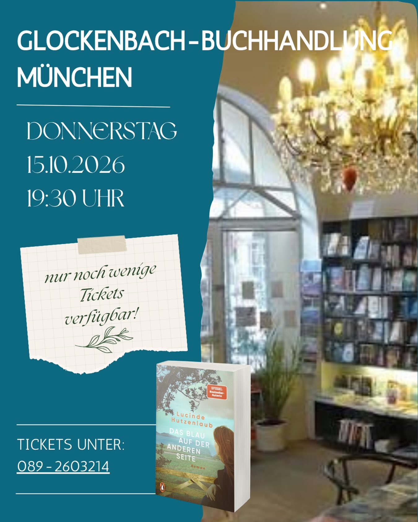 MÜNCHEN 💙 Ich komme!

Am Donnerstag lese ich um 19:30 Uhr in der Glockenbach-Buchhandlung – und ich freue mich sehr auf euch und auf einen Abend mit „Das Blau auf der anderen Seite“.

Ein paar wenige Tickets gibt es noch – wenn ihr dabei sein wollt, sichert euch schnell einen Platz. 📚✨

📍 Glockenbach-Buchhandlung, München
🗓 Donnerstag, 19:30 Uhr
🎟 Wenige Restkarten
☎️ 089 2603214
✉️ info@glockenbachbuchhandlung.de 💙

#lesung #münchen #glockenbachviertel #dasblauaufderanderenseite #lucindehutzenlaub